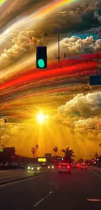 Vibrant sunset over city with swirling clouds and a road.