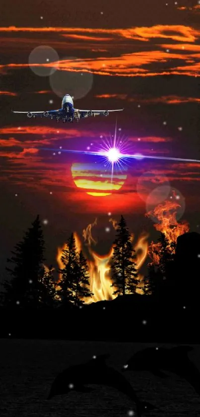 Surreal sunset collage with plane, trees, fire, and dolphins.