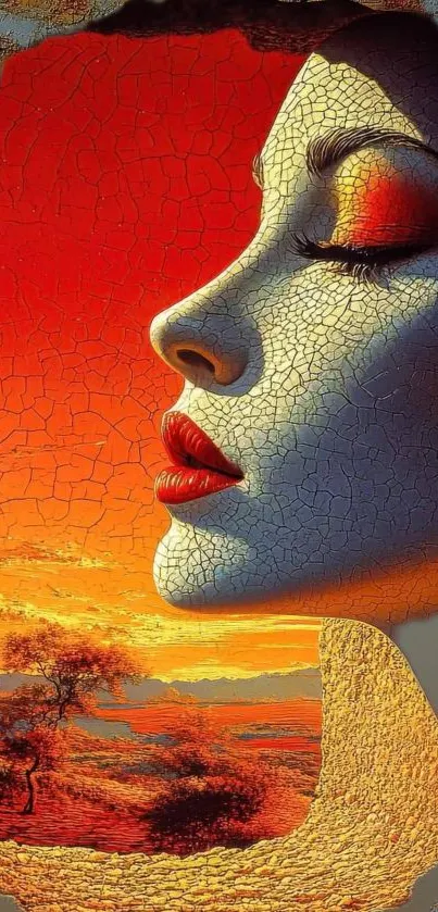 Surreal face art merging with sunset landscape in vibrant colors.