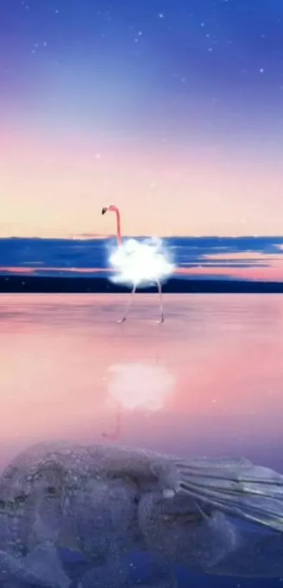 Surreal sunset with a glowing flamingo on reflective tranquil waters.