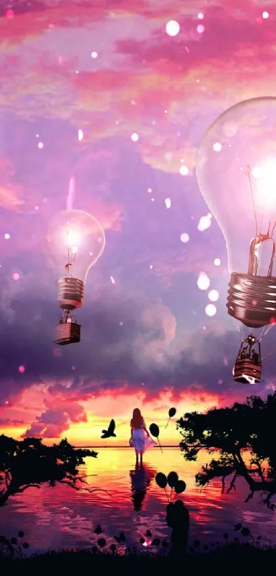 Surreal mobile wallpaper with light bulbs and sunset.