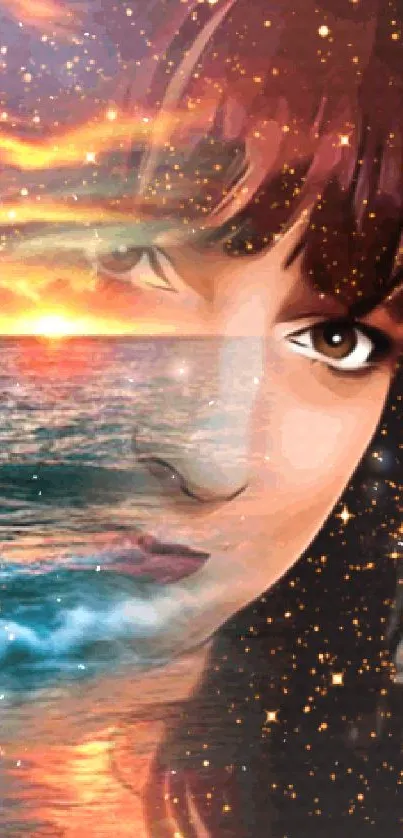 Surreal sunset portrait wallpaper with ocean and starry sky elements.