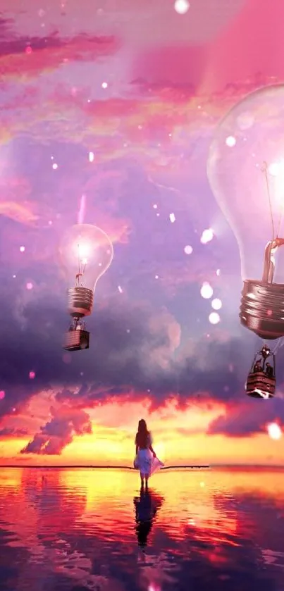 Surreal sunset wallpaper with floating light bulbs and vivid pink hues.
