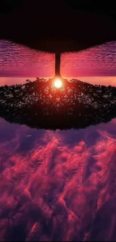 Surreal sunset with vibrant pink sky and tree reflection.