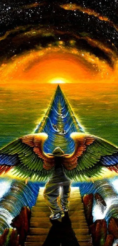 A winged figure walks a plank towards a cosmic sunset.