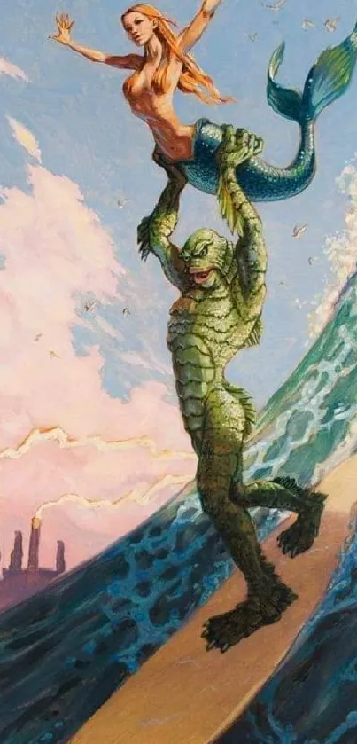 Fantasy art of a creature surfing with a mermaid in the sky.