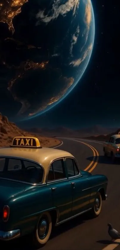 Taxis on a surreal road with Earth view.