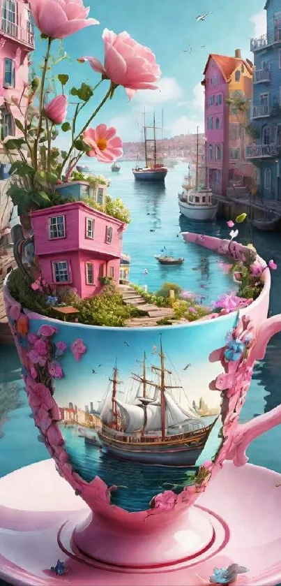 Surreal artwork of a teacup holding a village and harbor.