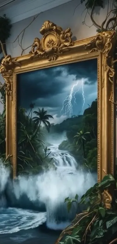 Surreal art of a thunderstorm with waterfall and golden frame.