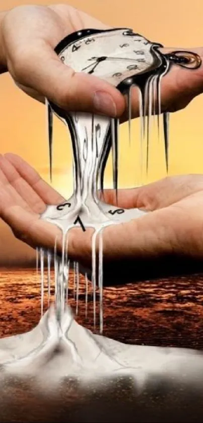 Surreal wallpaper of melting clocks over golden background.