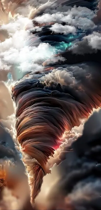 Surreal tornado with swirling clouds in vibrant colors, creating a dramatic effect.