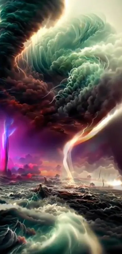 Surreal landscape wallpaper with colorful tornadoes.