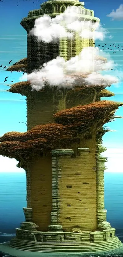 Surreal tower with clouds over blue ocean backdrop.