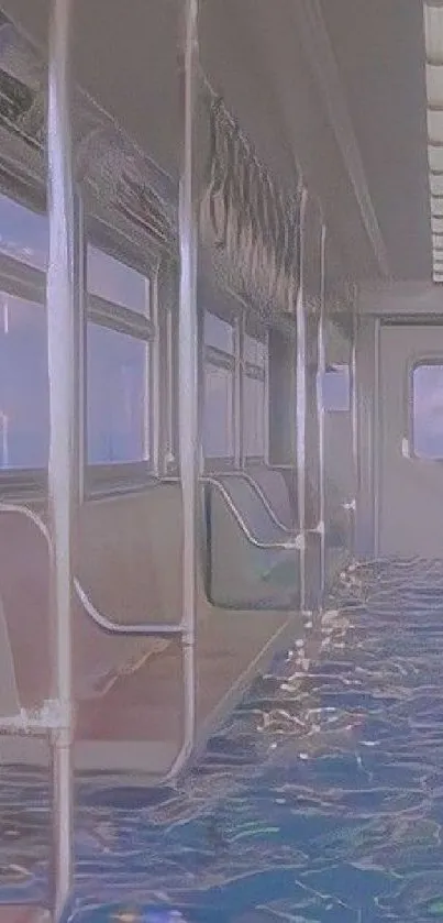 Surreal wallpaper of flooded train interior with lavender hues.