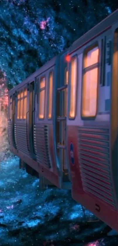 Train traveling through a cosmic tunnel with vibrant blue and orange hues.
