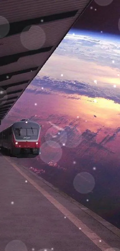 Surreal wallpaper of a train station merging with space scenery.