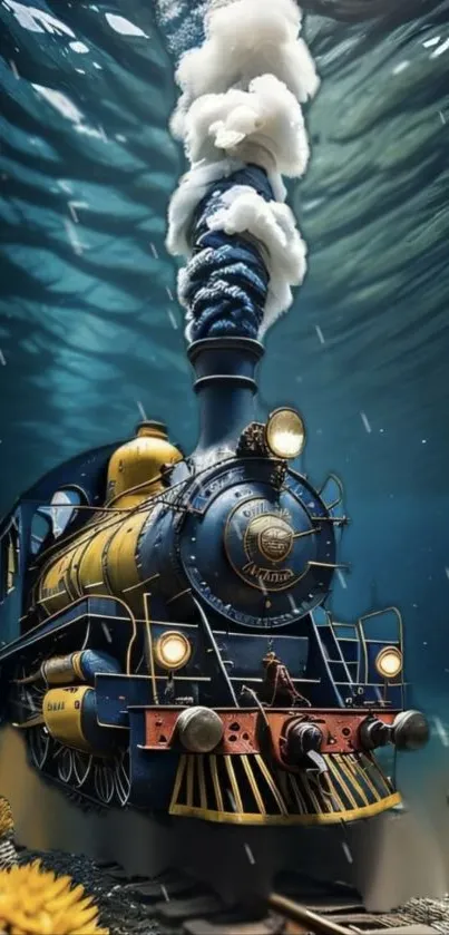 Surreal steam train traveling underwater with vibrant coral and marine details.