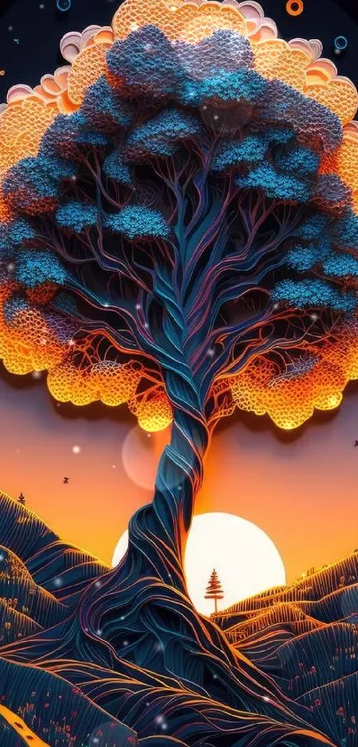 Surreal tree with vibrant colors and sunset background.