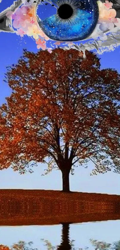 A surreal artwork depicting a tree and cosmic eye against a blue sky.