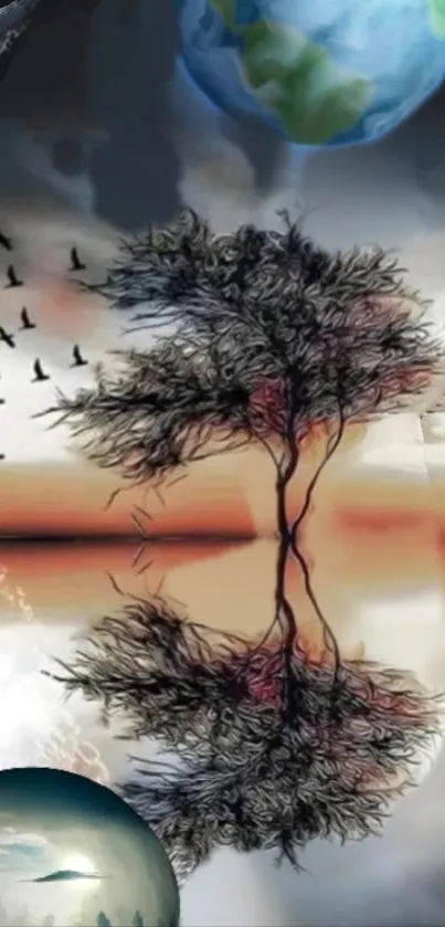 Surreal tree reflecting in colorful sky with Earth and birds overhead.