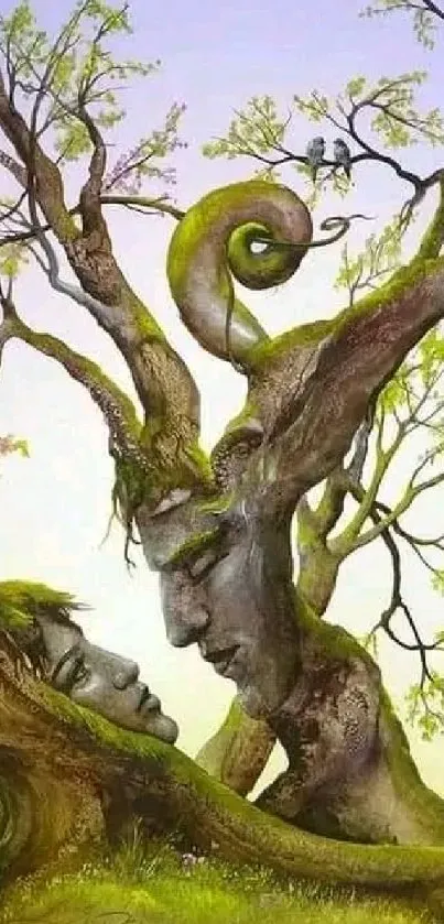 Surrealistic tree art with faces and green tones.