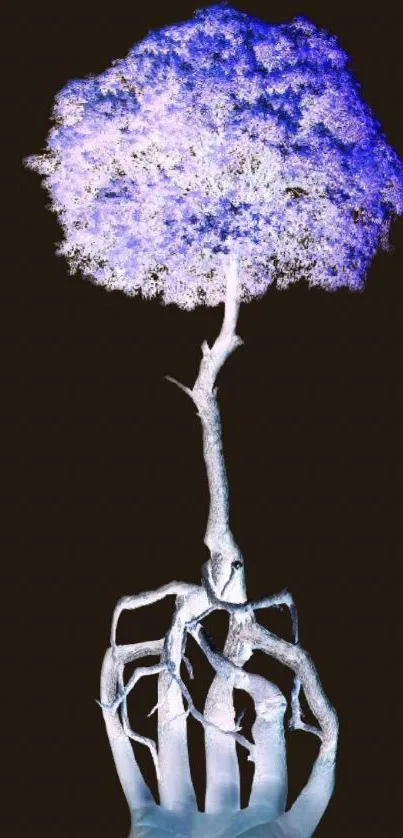 Surreal artwork of a tree growing from a hand with a purple-blue hue.