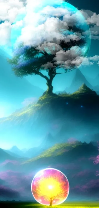 A surreal landscape with a tree inside a colorful bubble on a mystical mountain.