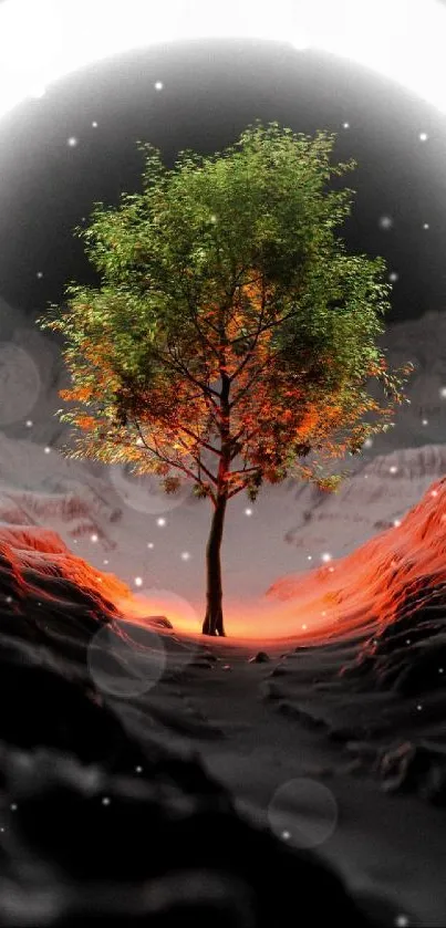 Surreal tree with vibrant glow in abstract landscape wallpaper.