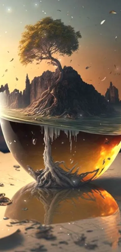 Surreal tree growing from rocky island inside glass sphere with warm hues and abstract design.