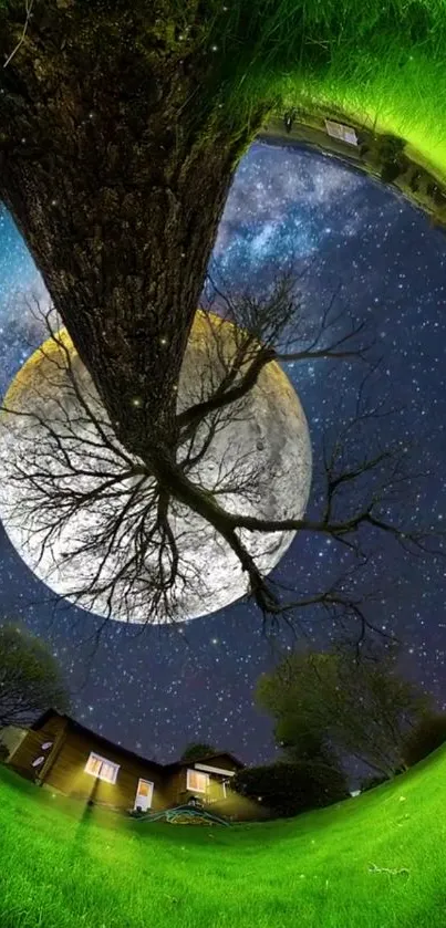 Surreal tree with moon and night sky wallpaper.