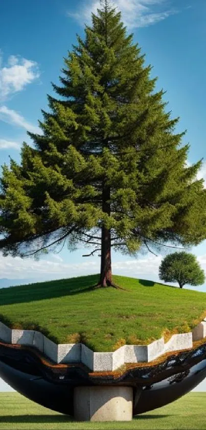 Tree on a floating green sphere against blue sky
