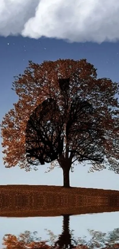 Surreal tree and cloud reflection art on a calm water landscape.