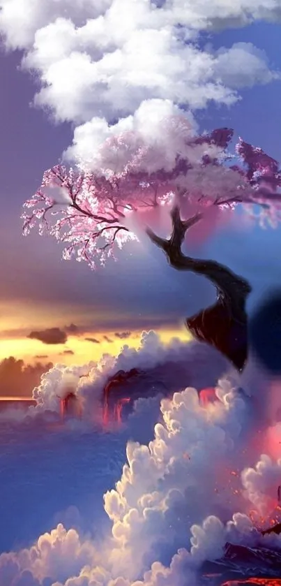 Surreal cherry blossom tree amidst clouds and lava in artistic wallpaper.