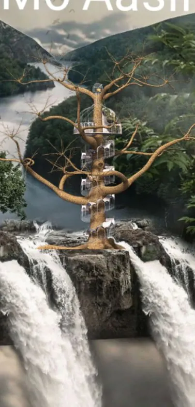 Surreal tree with staircases amid waterfalls and lush greenery.