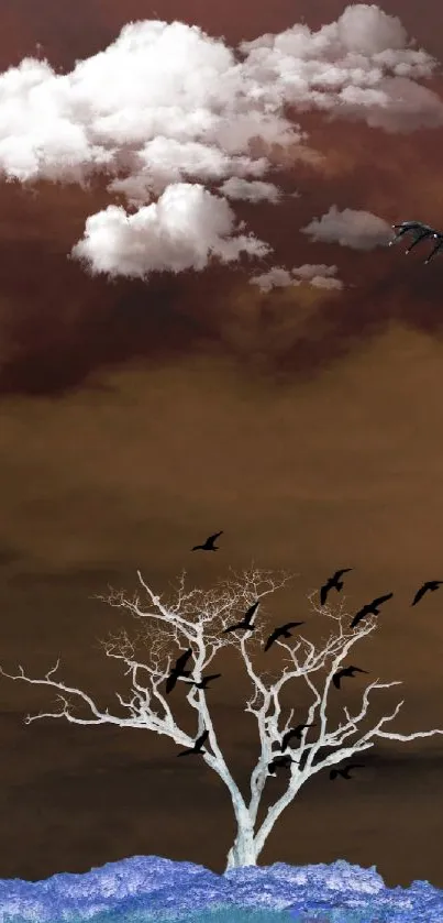 Surreal wallpaper with a white tree and black birds against a brown sky.