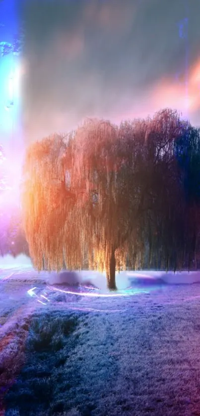 Surreal landscape with neon colors and an artistic tree on mobile wallpaper.