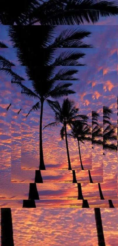 Surreal wallpaper with mirrored palms against an orange sunset sky.