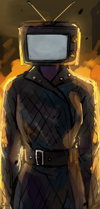 Surreal TV-headed figure amid flames artistic wallpaper.