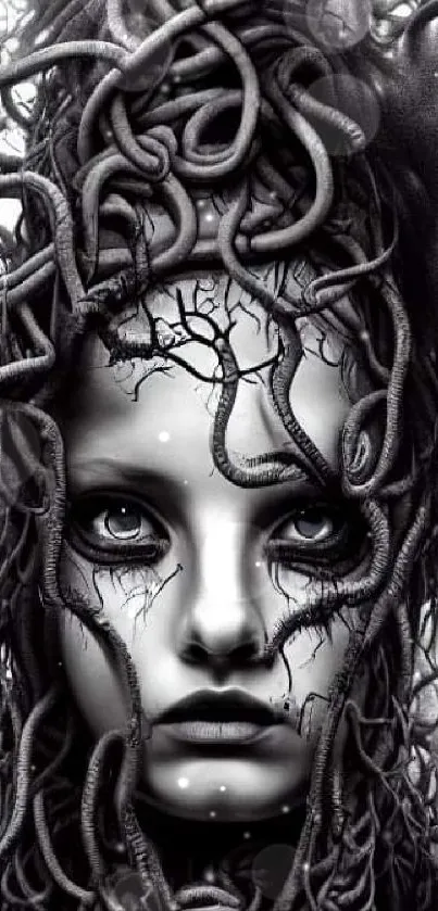 Surreal face with twisted vines in grayscale art.