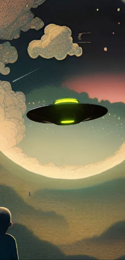 Surreal UFO hovering in a night sky with clouds and a curious observer.