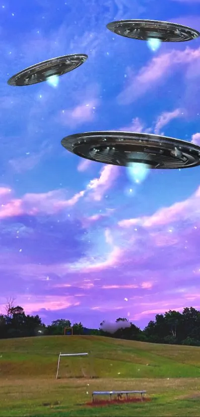 UFOs hover in a surreal purple sky over a grassy landscape.