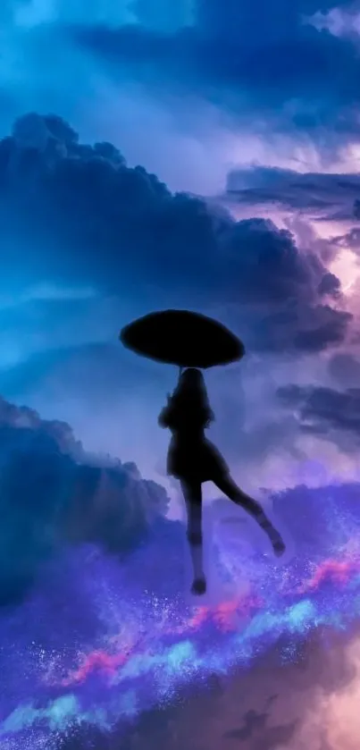 Silhouette with umbrella against vivid blue and purple sky.