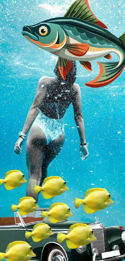 Surreal underwater scene with fish-headed swimmer and vibrant marine life.
