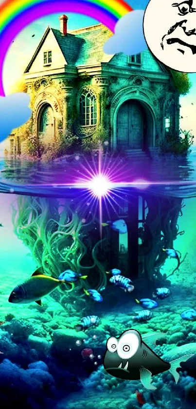 Surreal underwater house with rainbow and fish wallpaper.