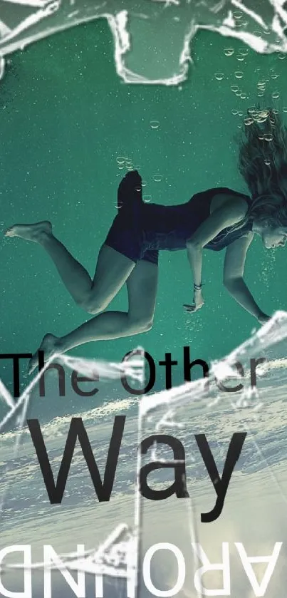 Woman diving underwater through cracked glass in a surreal landscape.