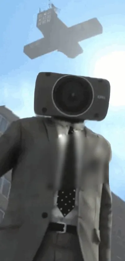 Surreal image of a camera-headed man in a city skyline with blue sky.