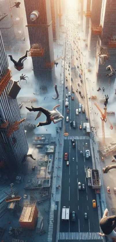 Surreal urban chaos with falling figures and skyscrapers.