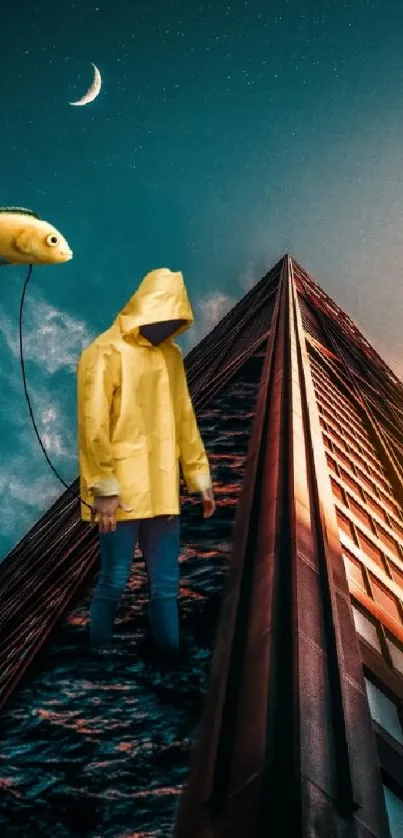 Surreal scene with yellow coat figure and floating fish.