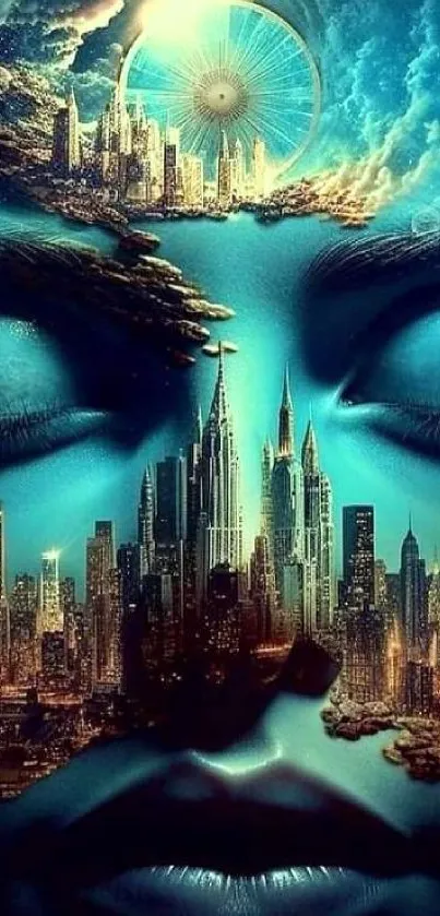 Surreal urban face with futuristic skyline.