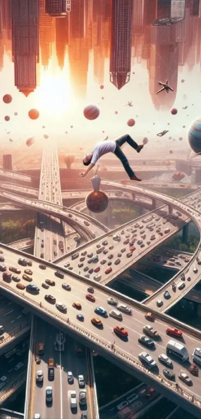 Surreal wallpaper with floating man over urban cityscape.